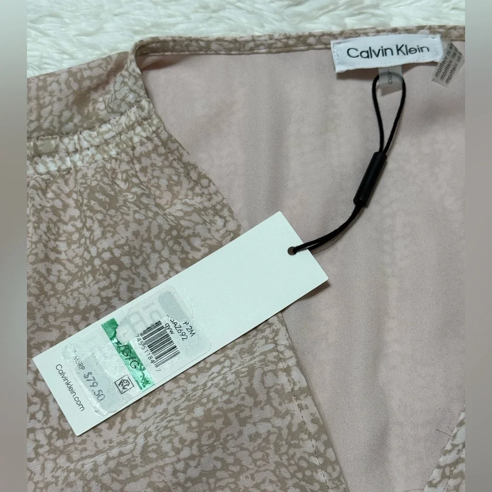 Calvin Klein NWT Blouse Ruched V-Neck Top Pink Light Tan Print Lined Size L - Picture 14 of 15